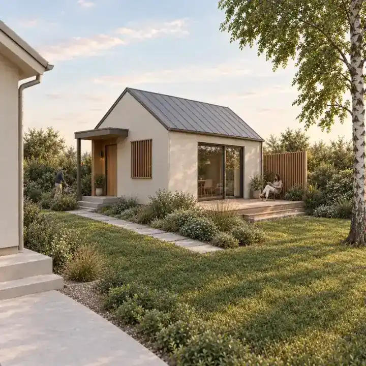 The same garden ADU with a timber privacy screen and layered boundary planting