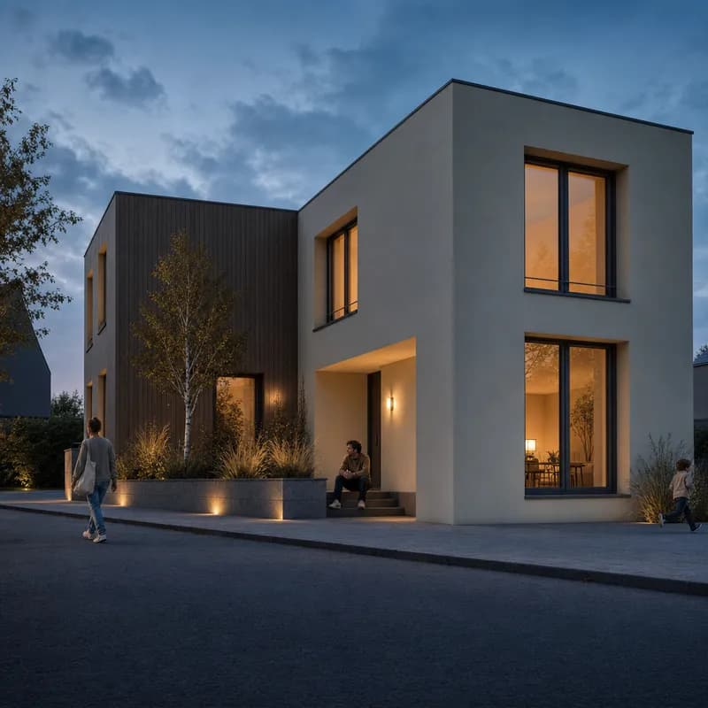 The same house at blue hour with warm interior light