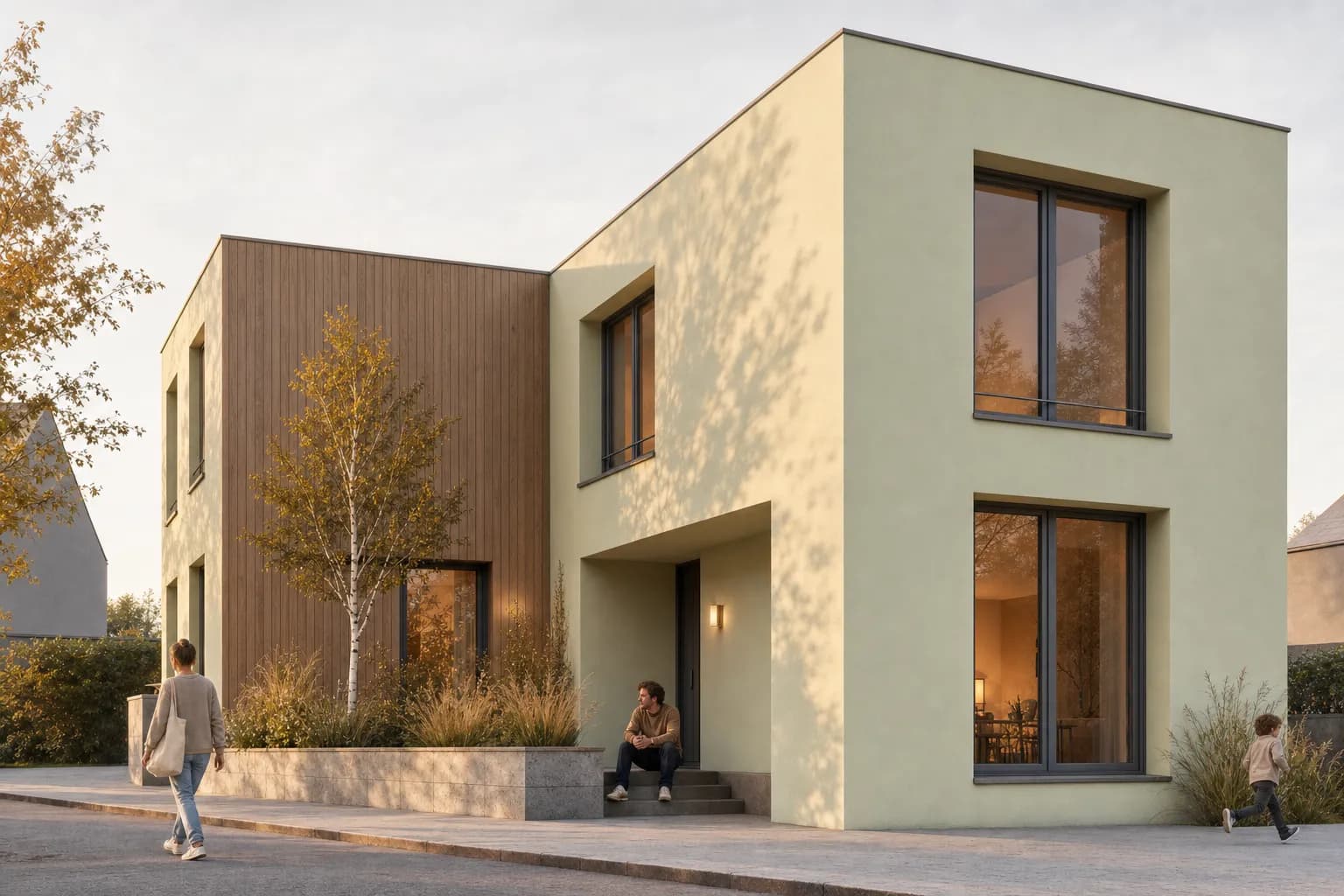 Finished exterior render of a Nordic courtyard house in late-afternoon light