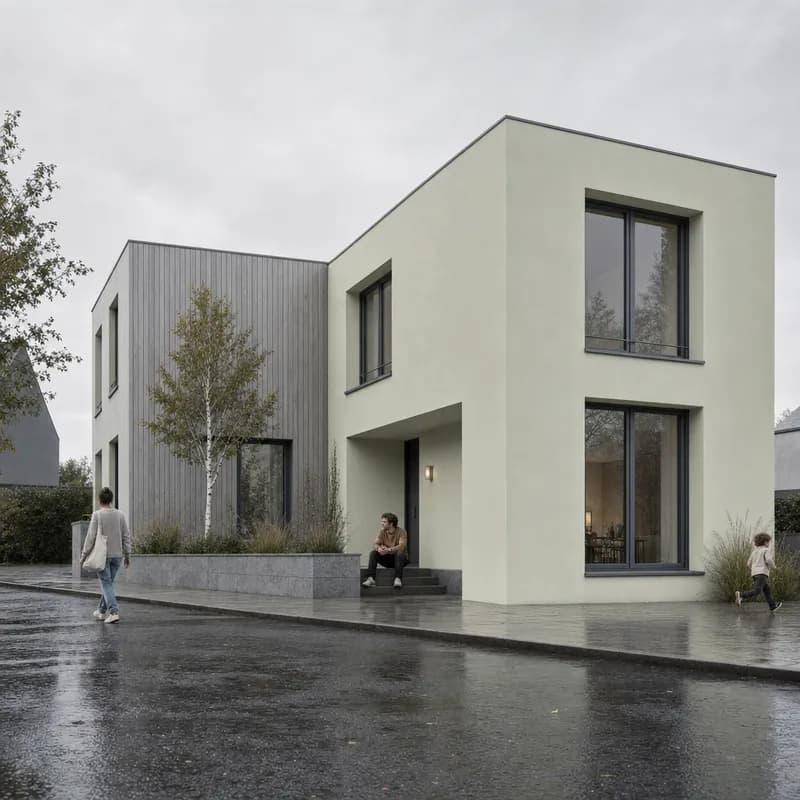 The same house with pale render and silvered timber under overcast light