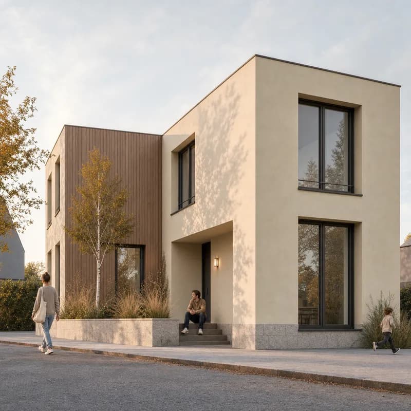 The same house with mineral render and light stone in morning light
