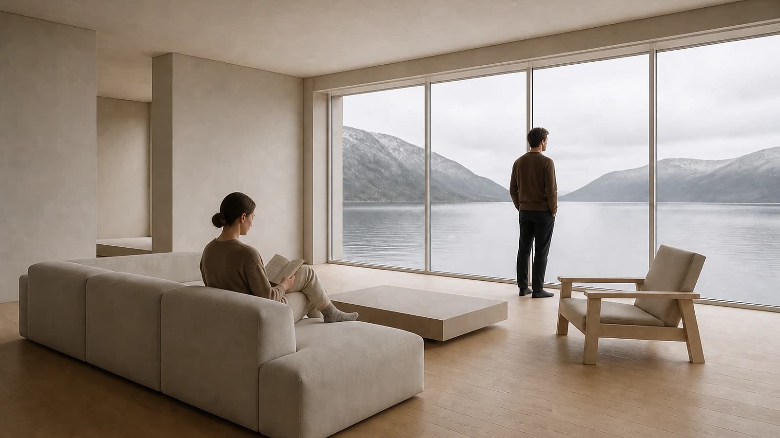 Nordic living room overlooking a fjord with two people reading and looking through the glazing