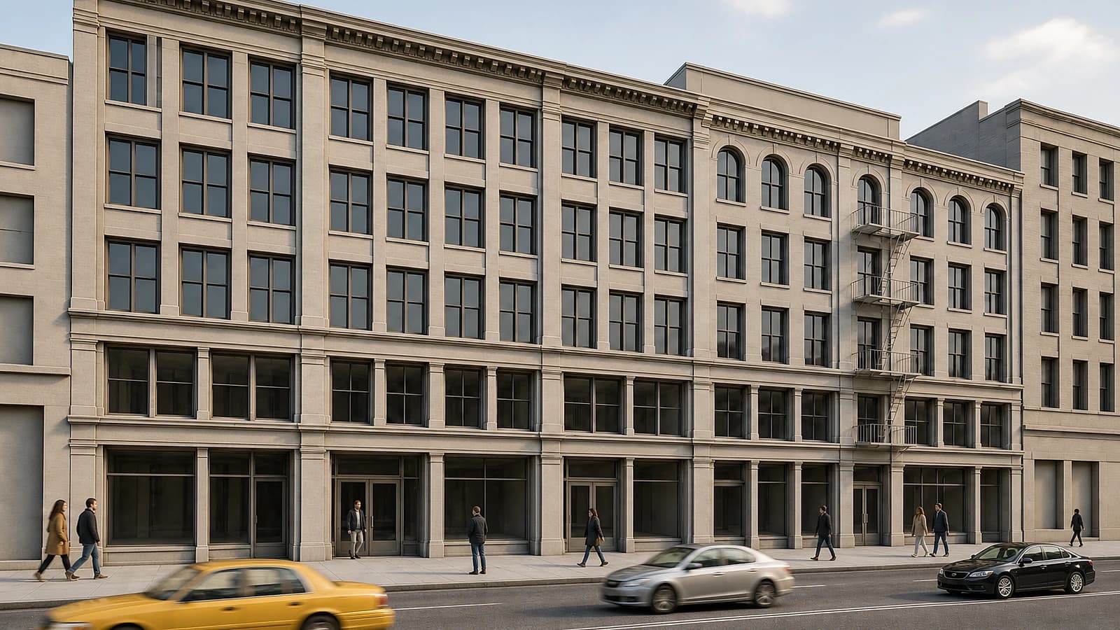 New York-style mixed-use street with pedestrians and moving cars under controlled motion blur