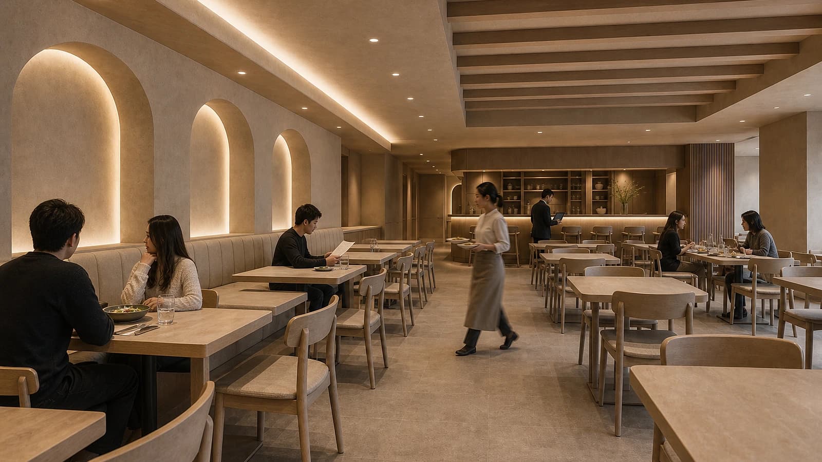 Contemporary restaurant with five diners, two staff, and most tables left empty