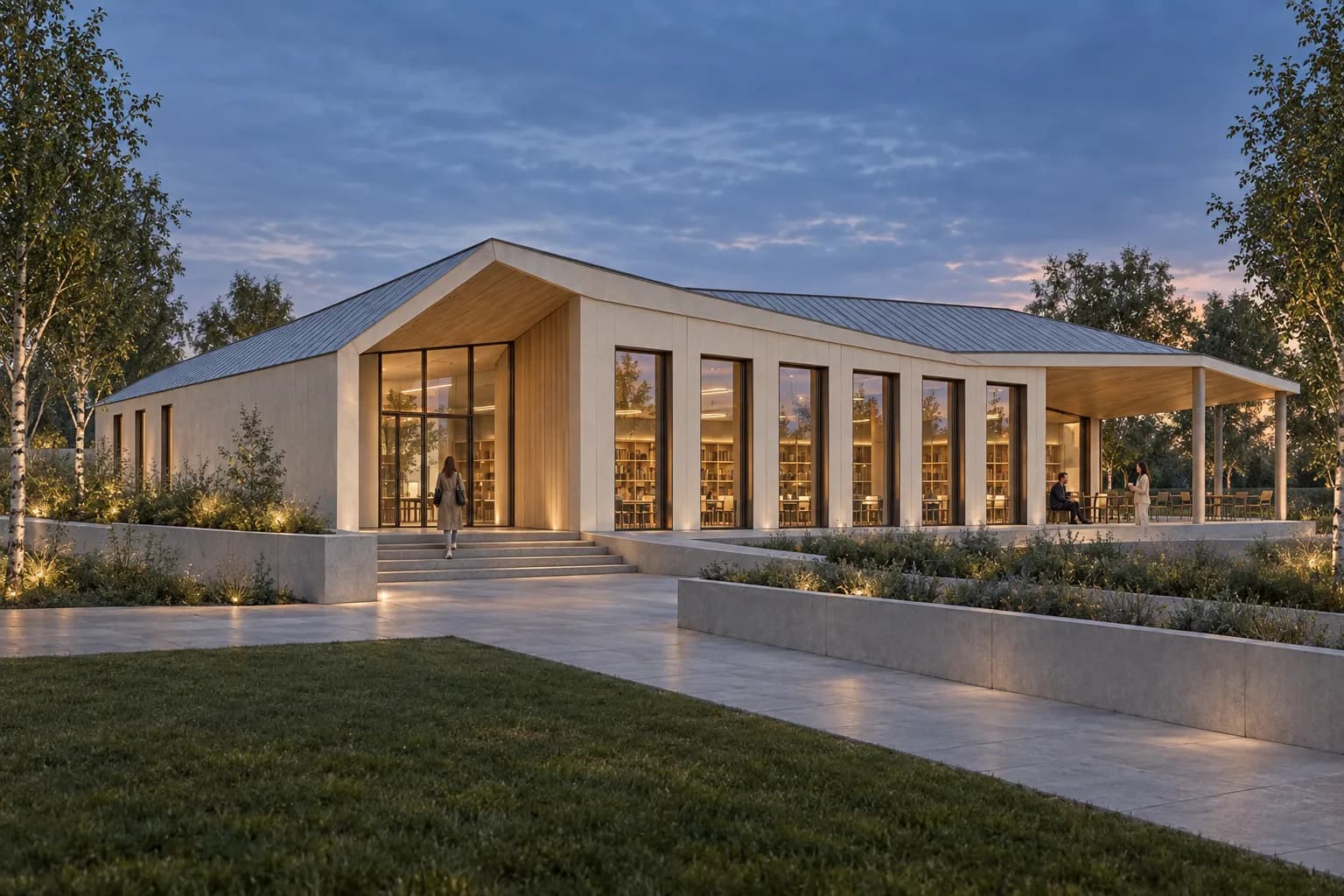 Blue-hour library pavilion render derived from a synthetic AutoCAD-style 3D view