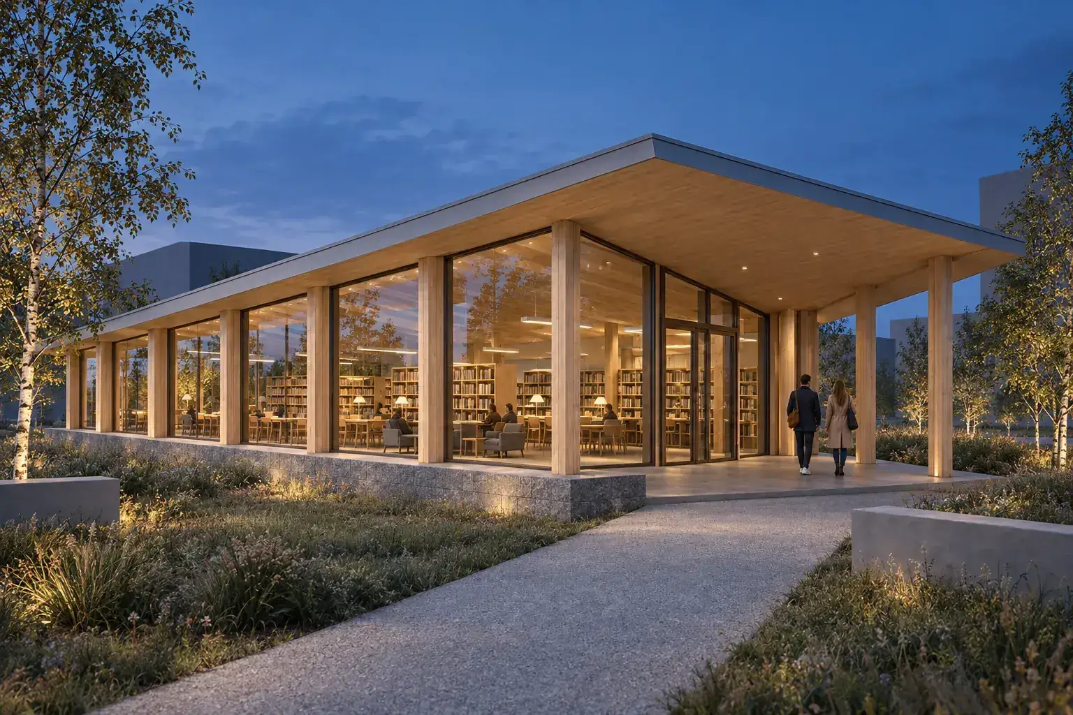 Blue-hour library pavilion render derived from a synthetic Blender-style model view