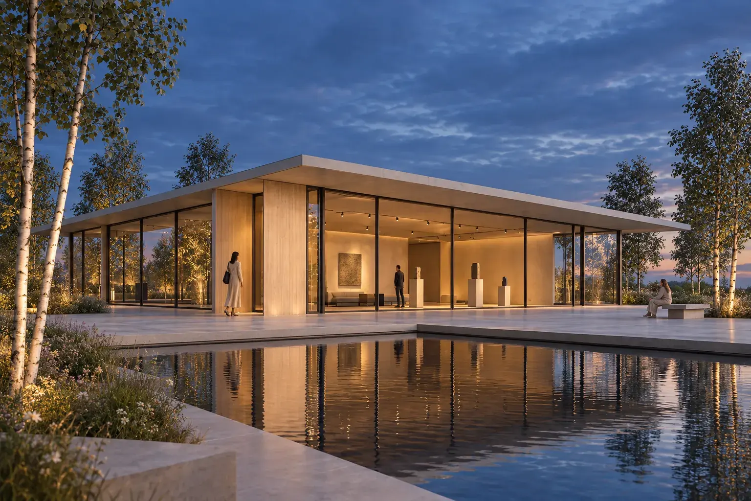 Blue-hour pavilion render derived from a synthetic Cinema 4D-style camera view