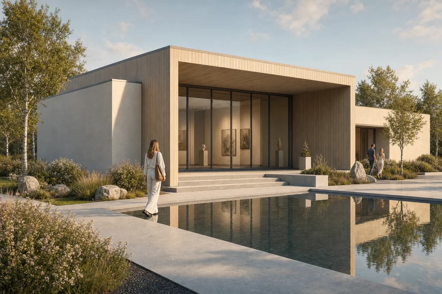 Finished pavilion render derived from the same synthetic Cinema 4D-style camera view