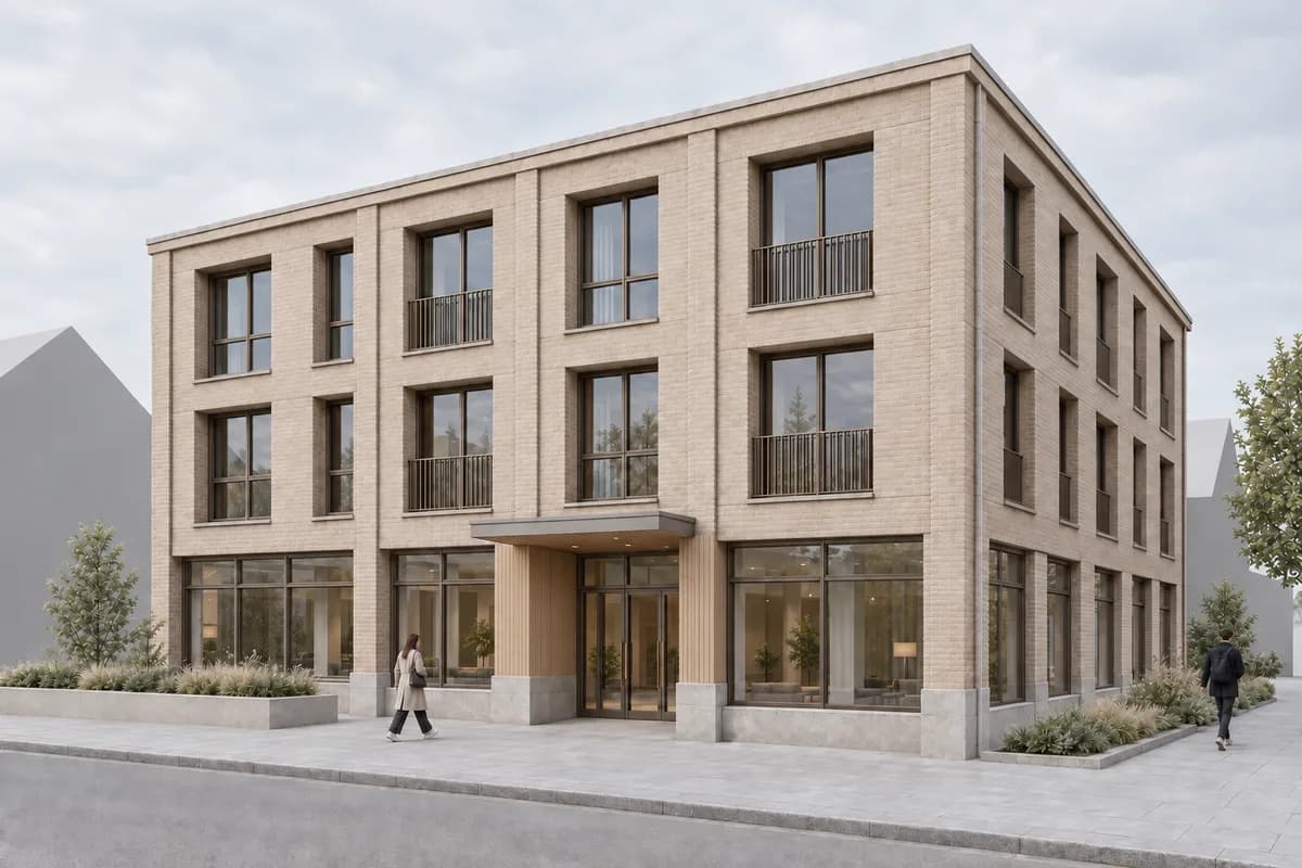 Focused timber cladding edit at the entrance bay of the same facade