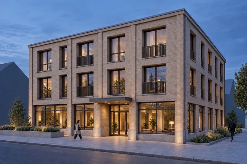 The same facade at blue hour with restrained entrance and interior lighting