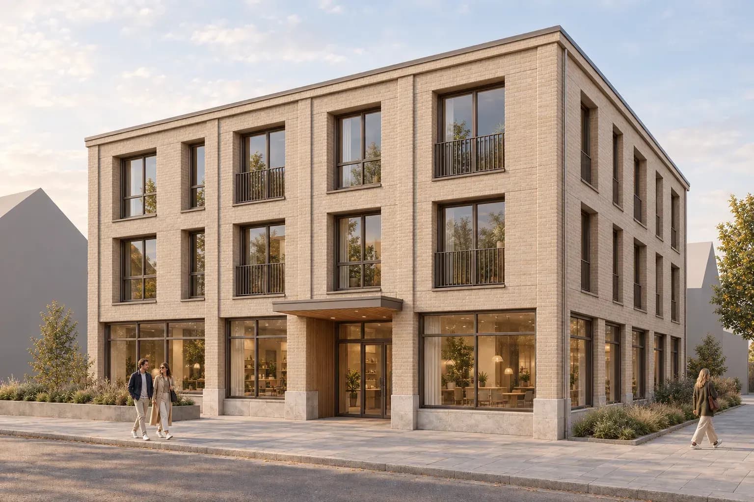 Finished facade render of a Nordic mixed-use building in late-afternoon light