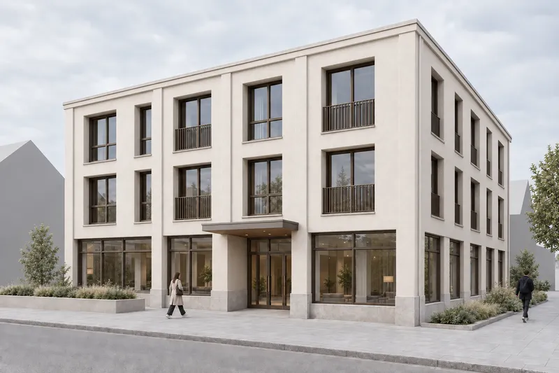 The same facade with off-white mineral render and a light stone plinth