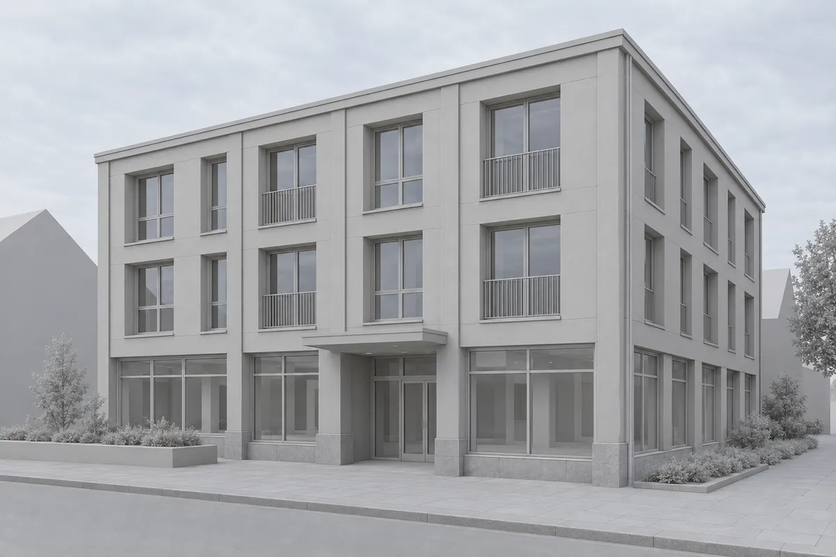 Synthetic clay model view of a mixed-use building facade