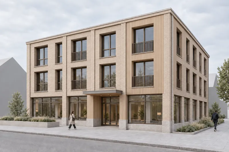The same facade with pale timber marking the entrance and corner bay