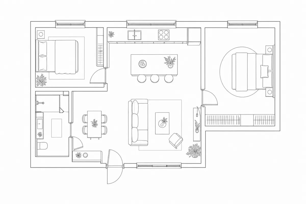 Black-and-white CAD line plan matching the colored apartment plan