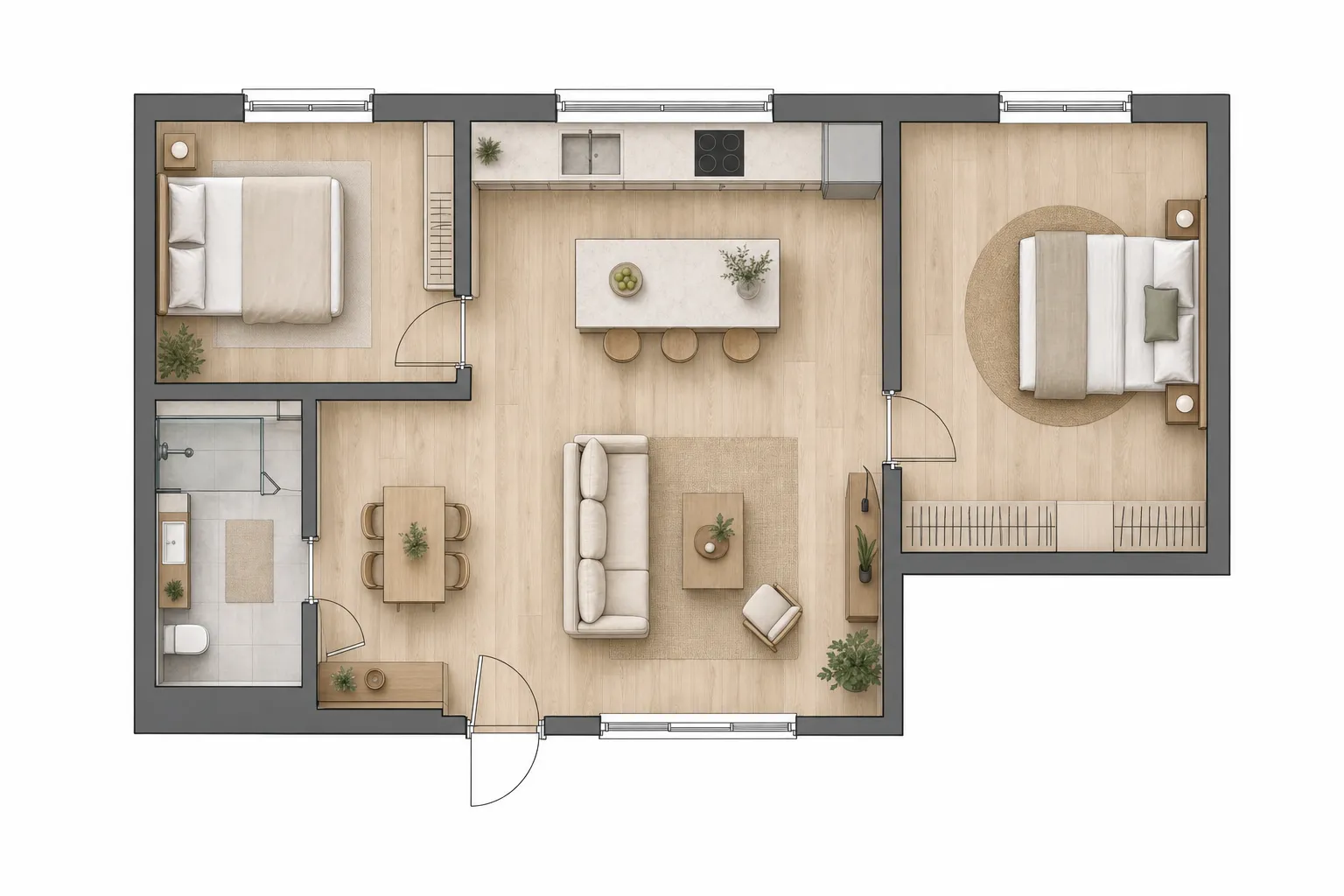 Colored presentation floor plan of a compact Scandinavian apartment