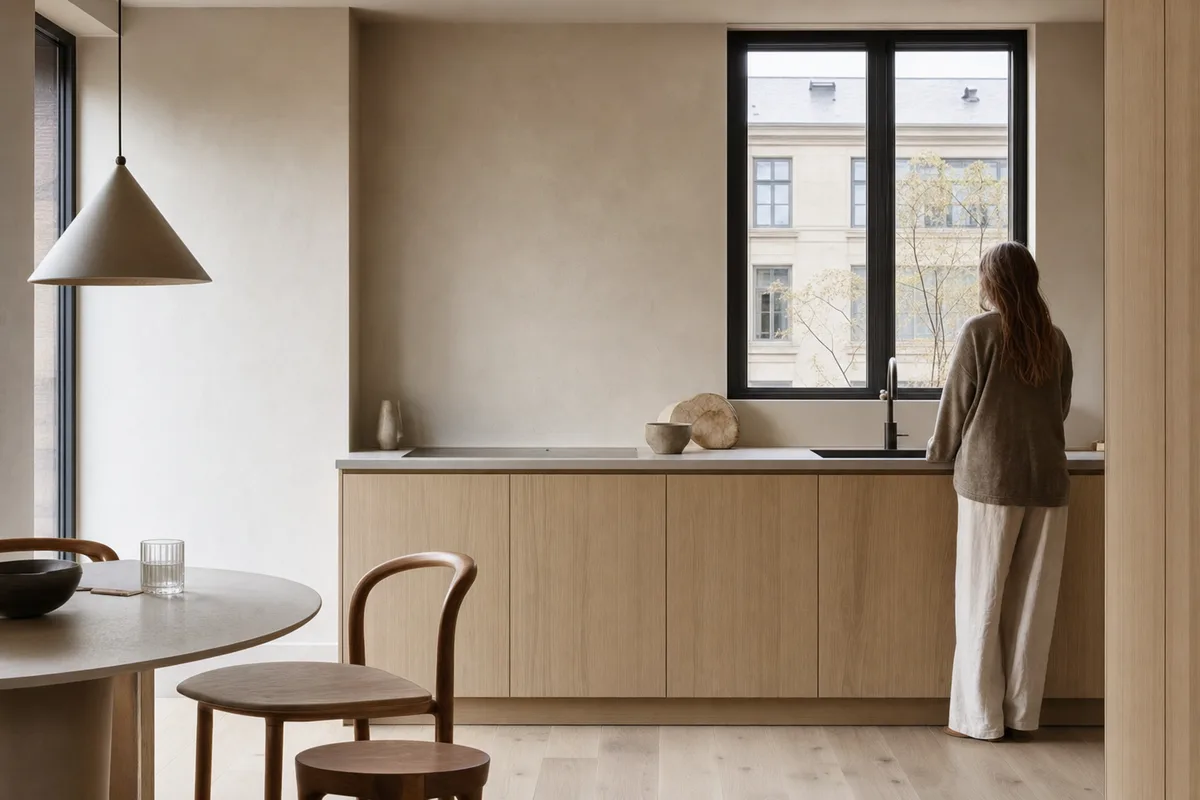 Concept interior showing a possible compact Scandinavian kitchen direction