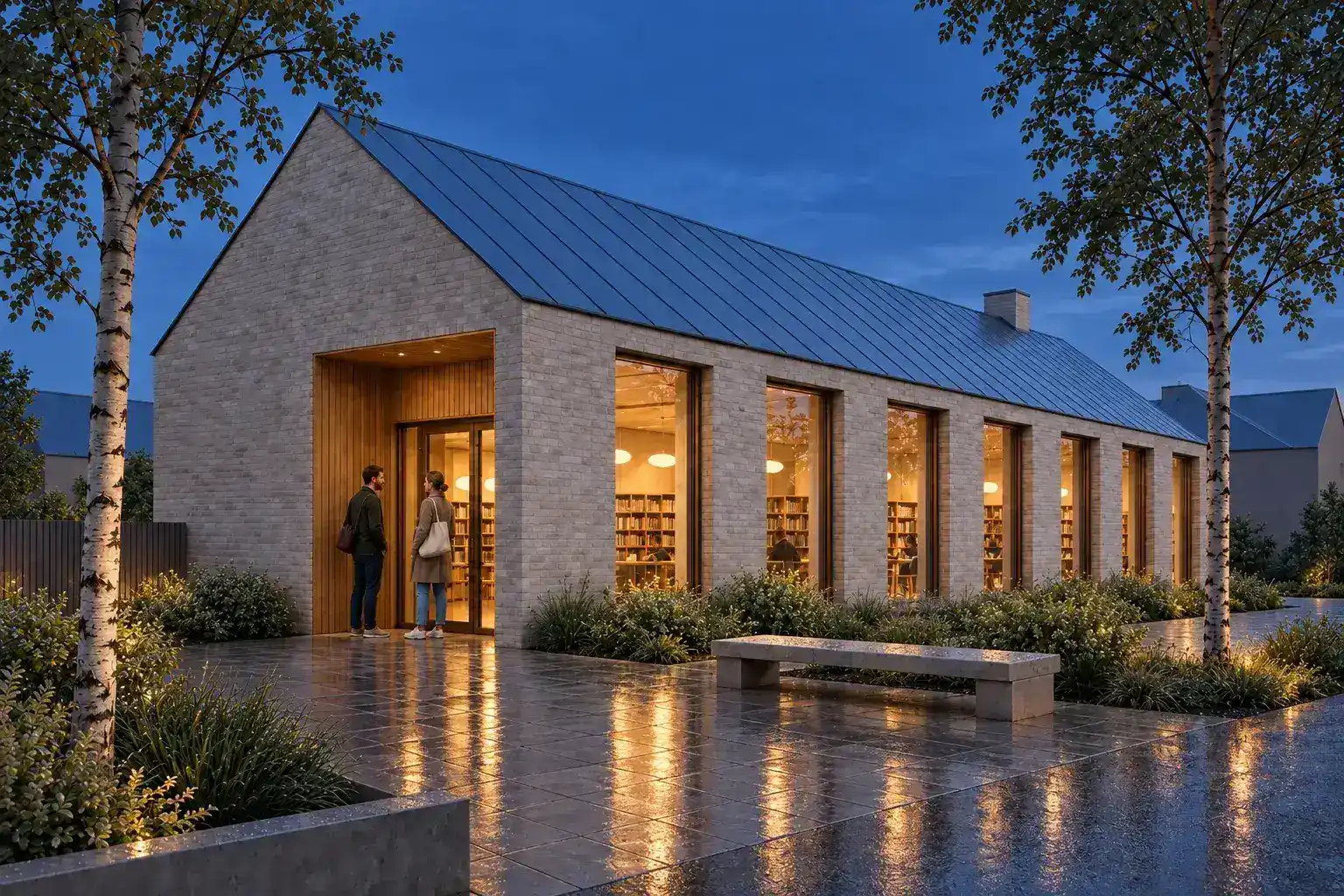 Blue-hour render of a Scandinavian neighborhood library