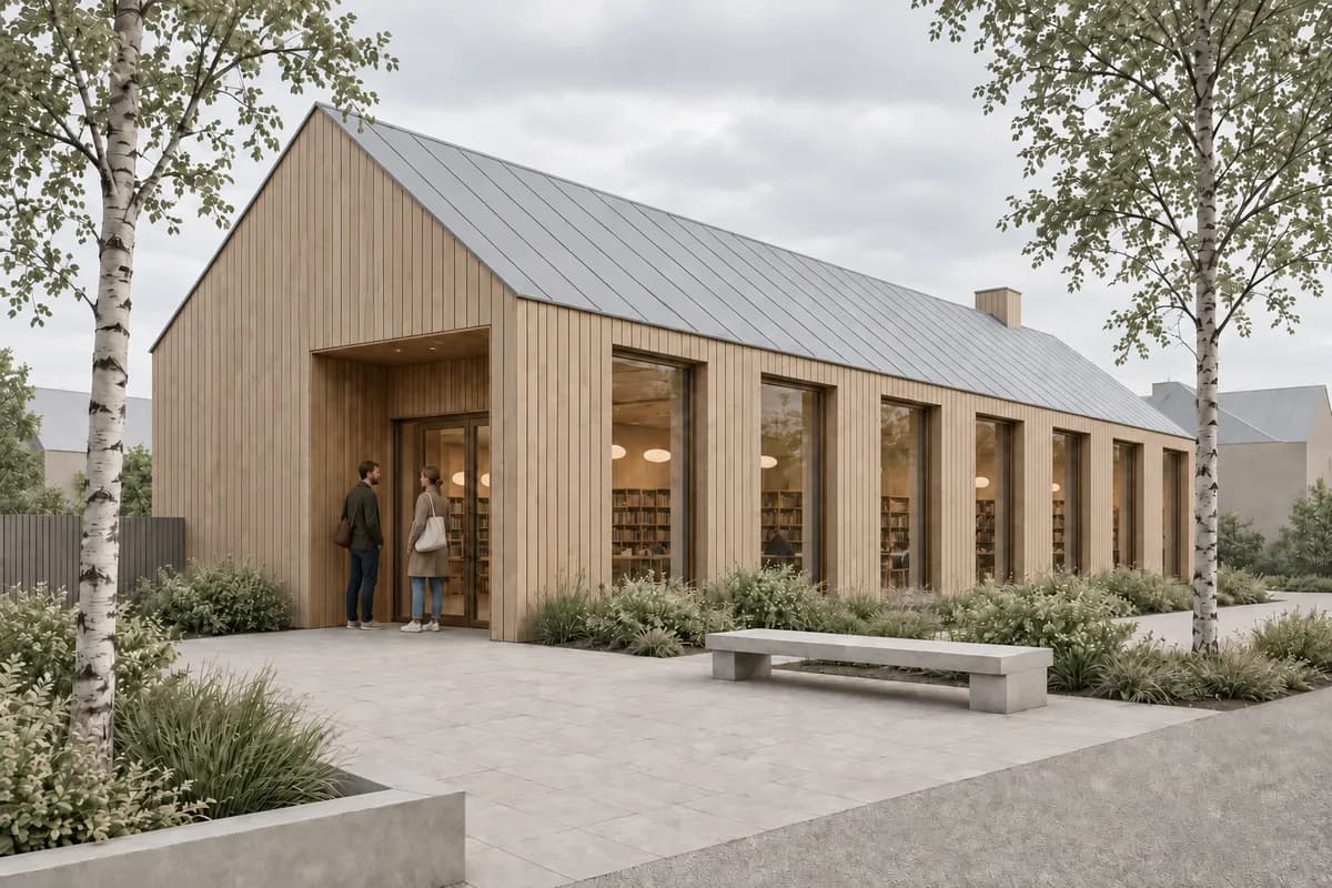 Timber facade study derived from the same library render