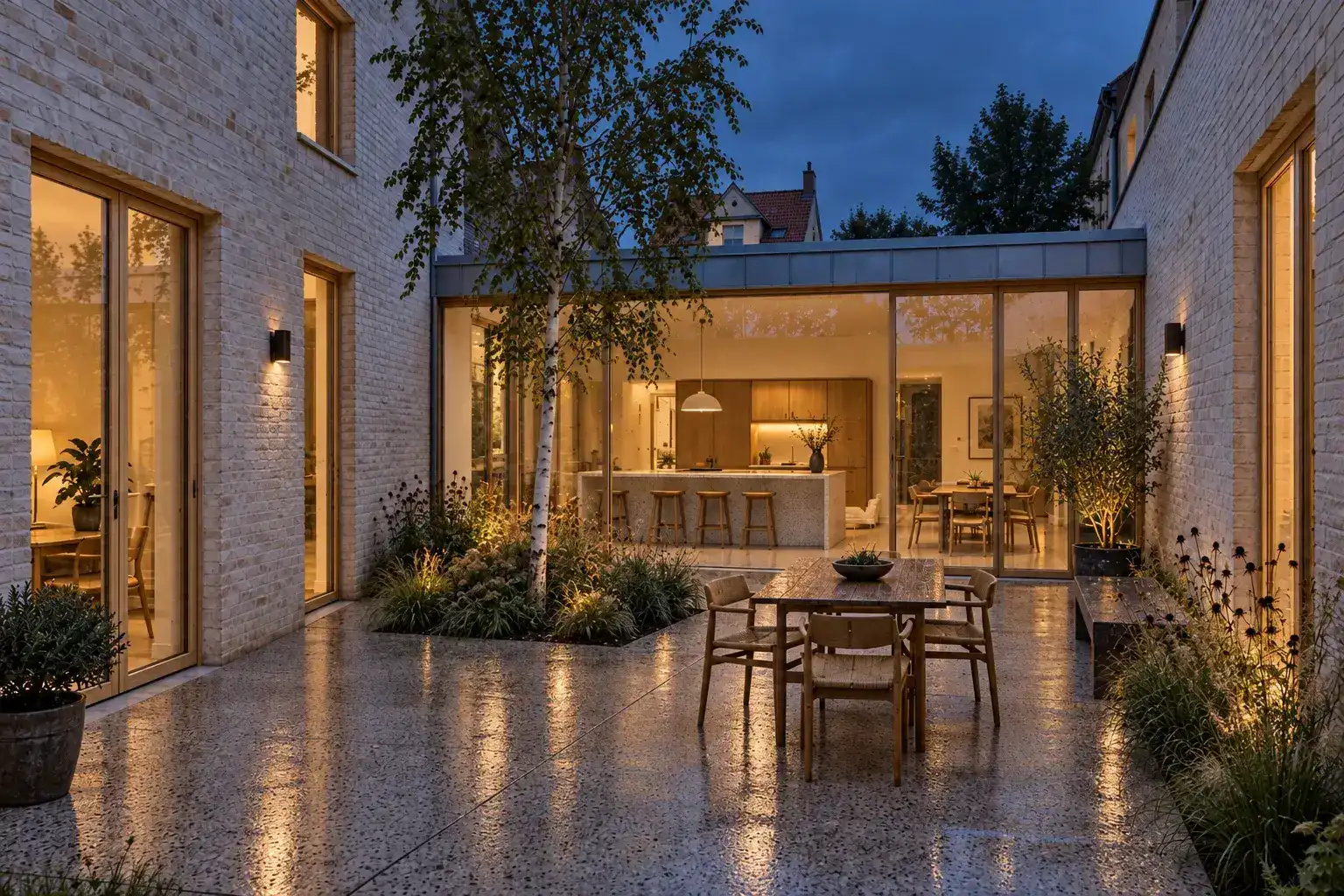 Blue-hour GPT Image 2.5 Sunburst render of a pale brick courtyard house
