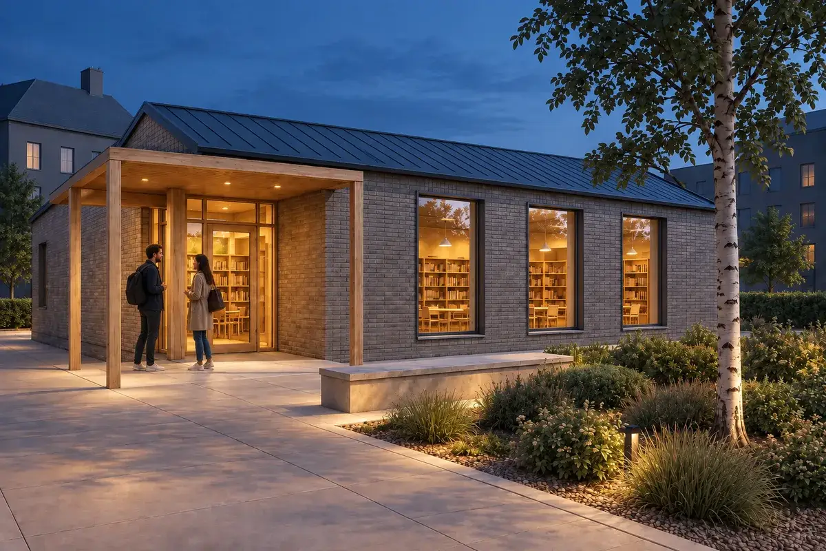 Blue-hour lighting study derived from the same library pavilion model