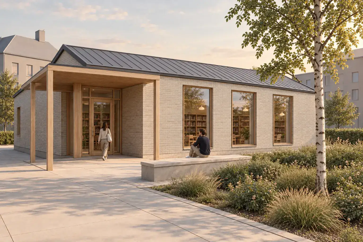 Finished late-afternoon render of a compact Nordic library pavilion