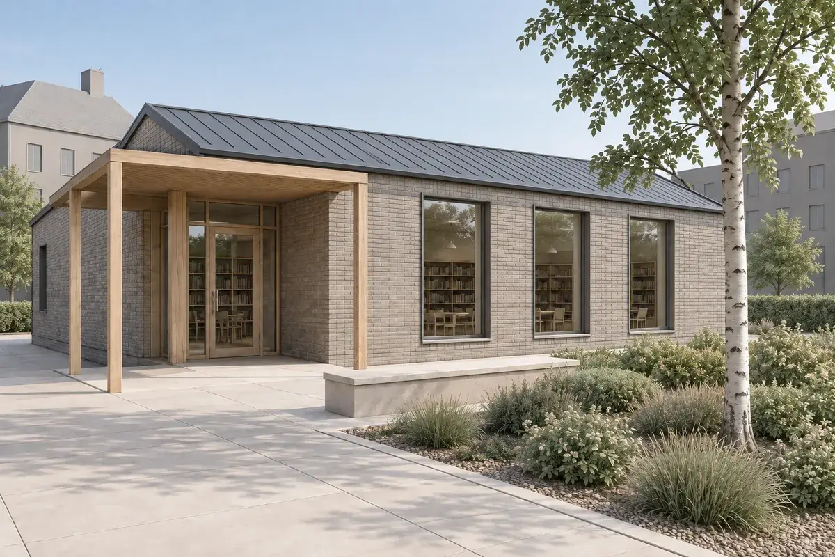 Neutral daylight render of the same compact library pavilion
