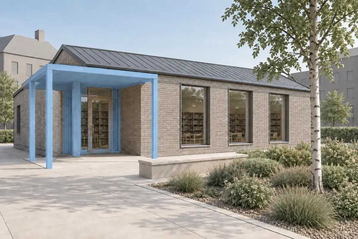 Focused edit selection over the entrance and canopy of the same library pavilion