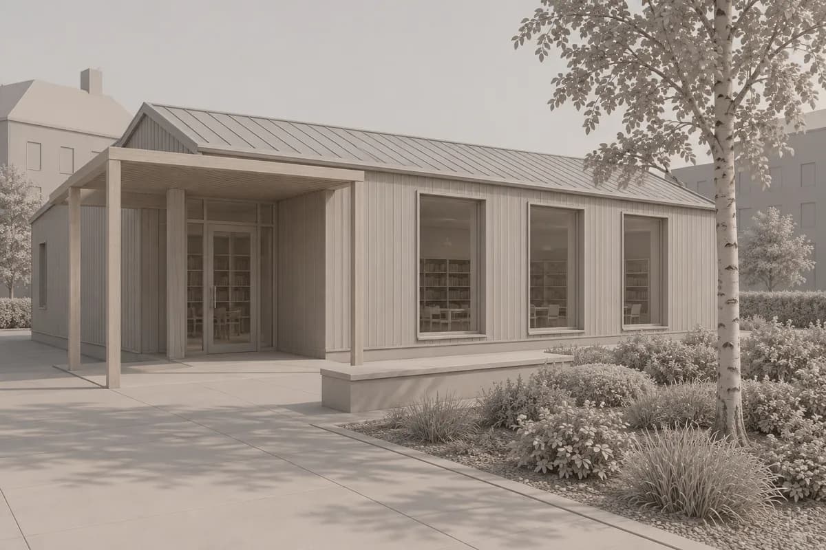 Synthetic clay model view of a compact library pavilion