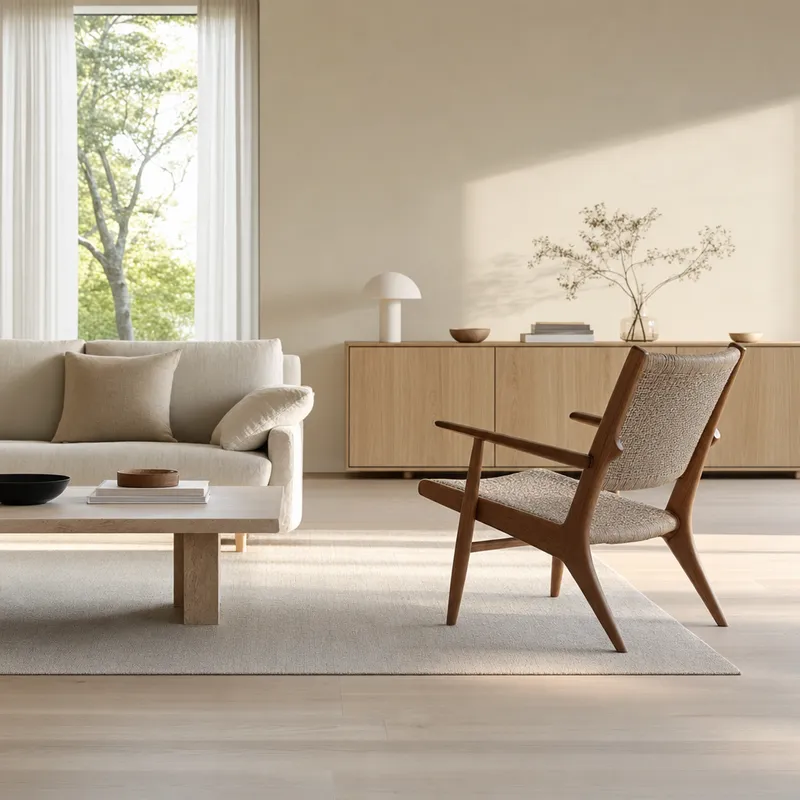 Scandinavian living room render with pale oak floor and linen sofa