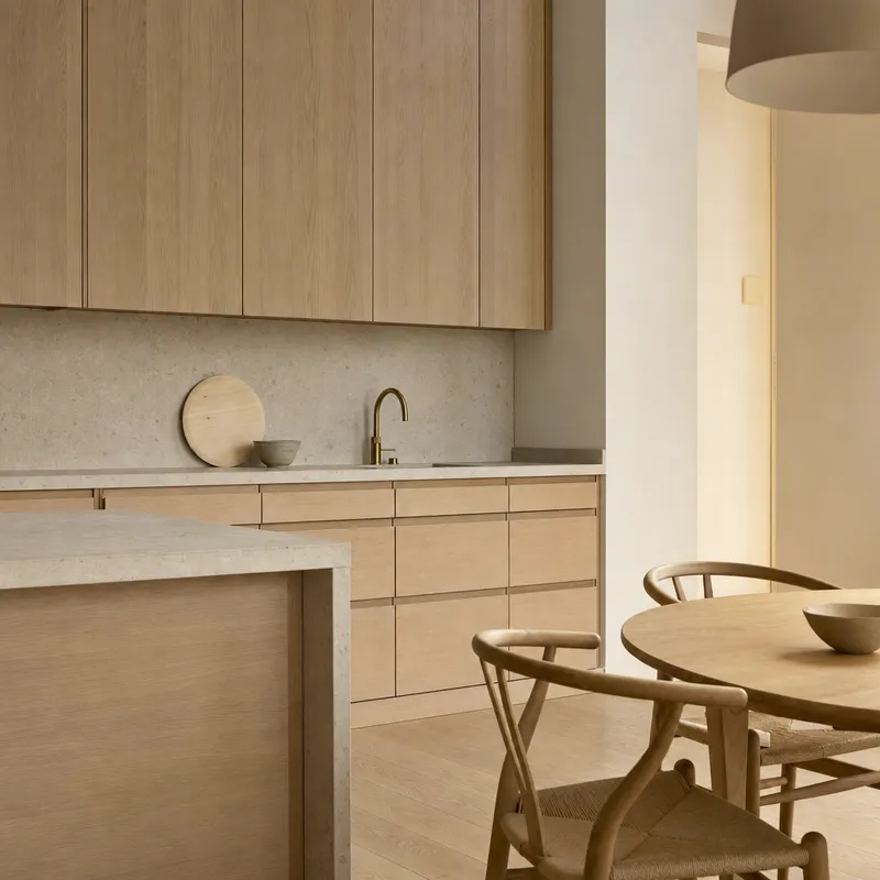 Scandinavian kitchen render with oak cabinetry and matte stone