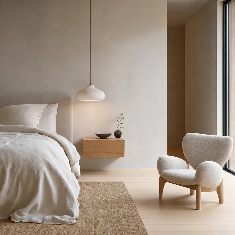 Scandinavian bedroom render with linen bedding and oak floor