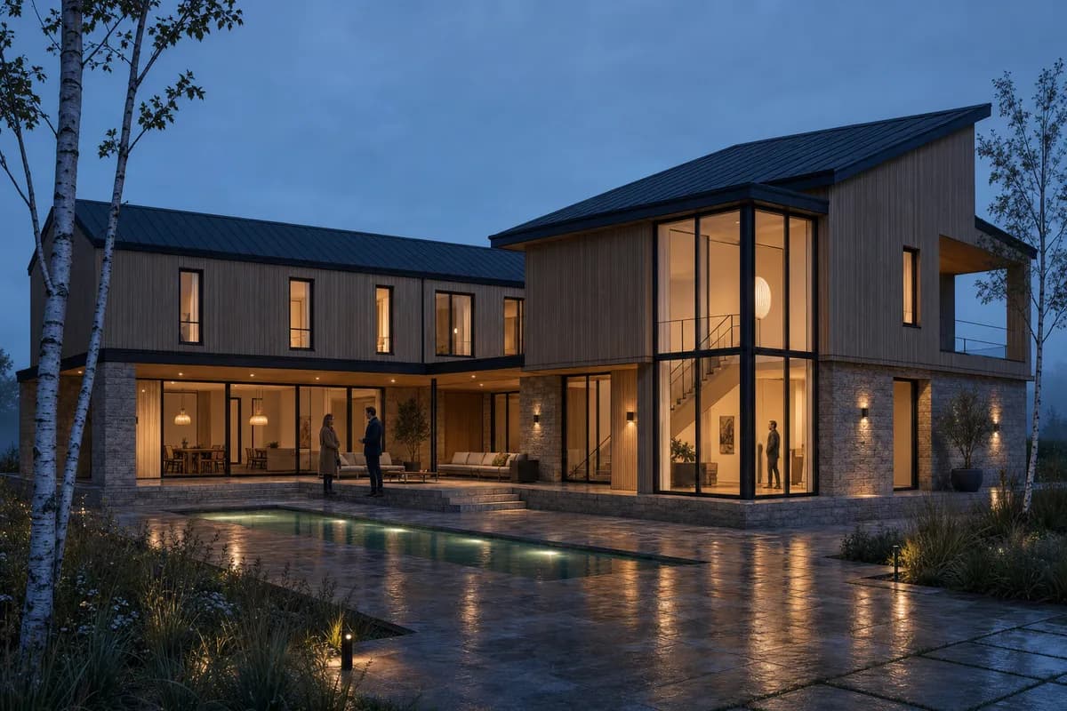Blue-hour render of the Nordic courtyard with wet paving, warm interiors, and people