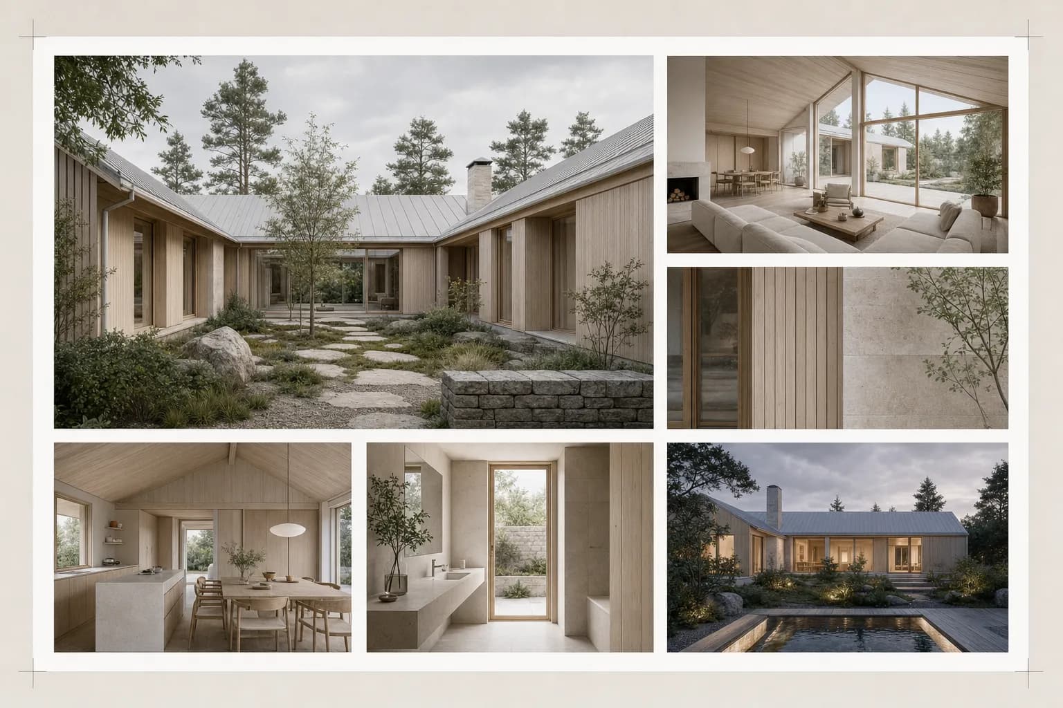 Coordinated architecture renders arranged on a presentation board