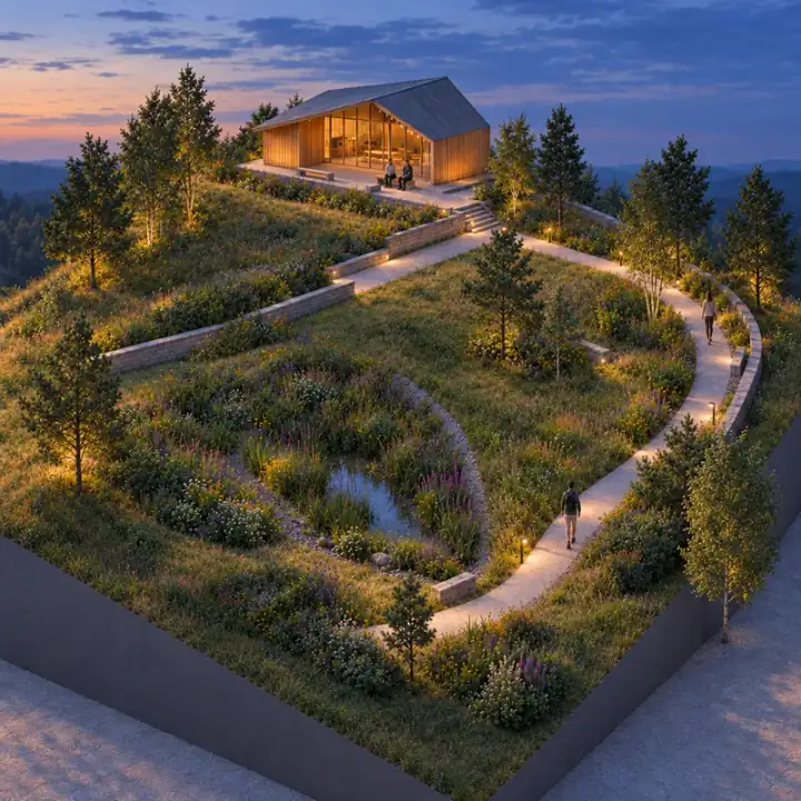The same landscape site at blue hour with the accessible route and pavilion entrance lit