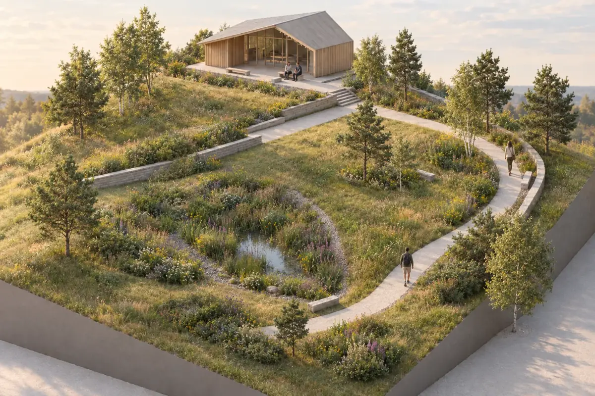 Finished landscape render of the same pavilion, path, rain garden, and planted site