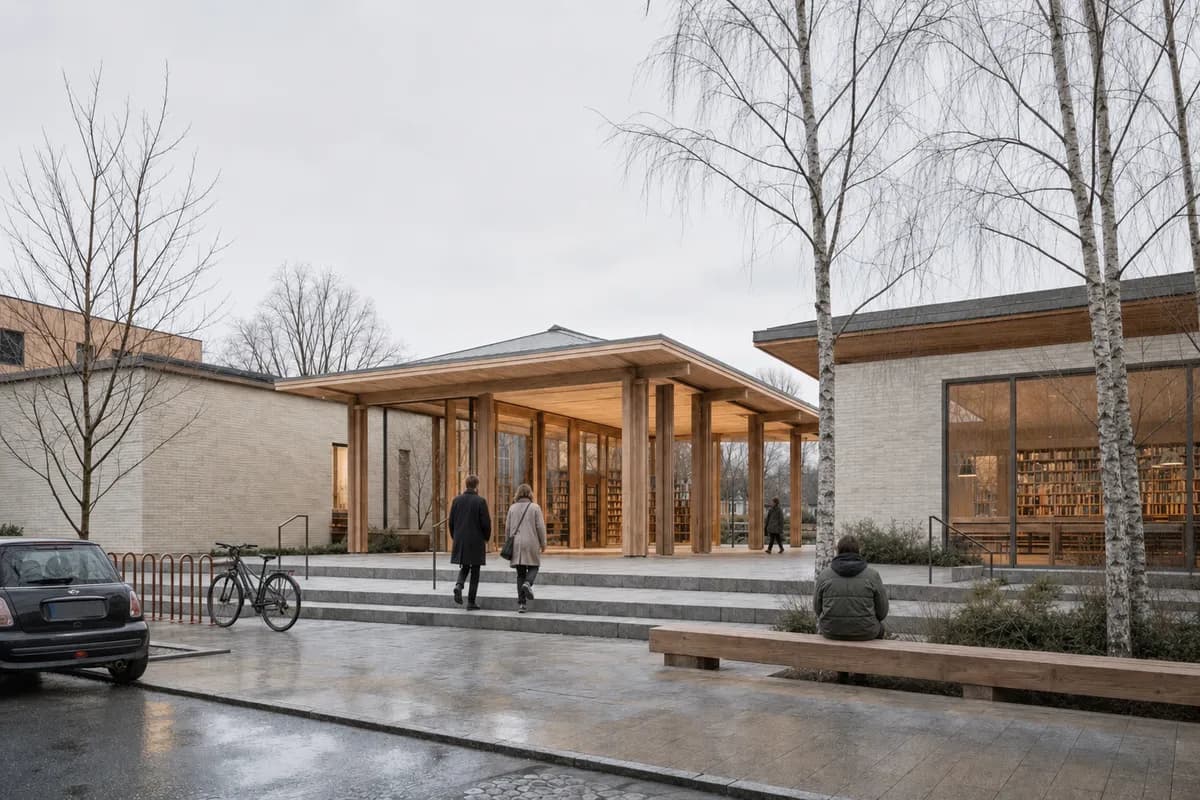 The same Nordic library court with restrained entourage