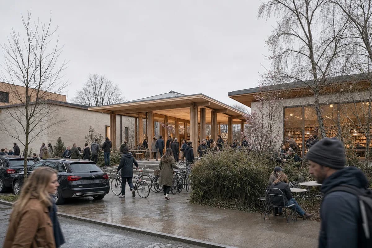 The same library court overcrowded with people, cars, bicycles, and planting