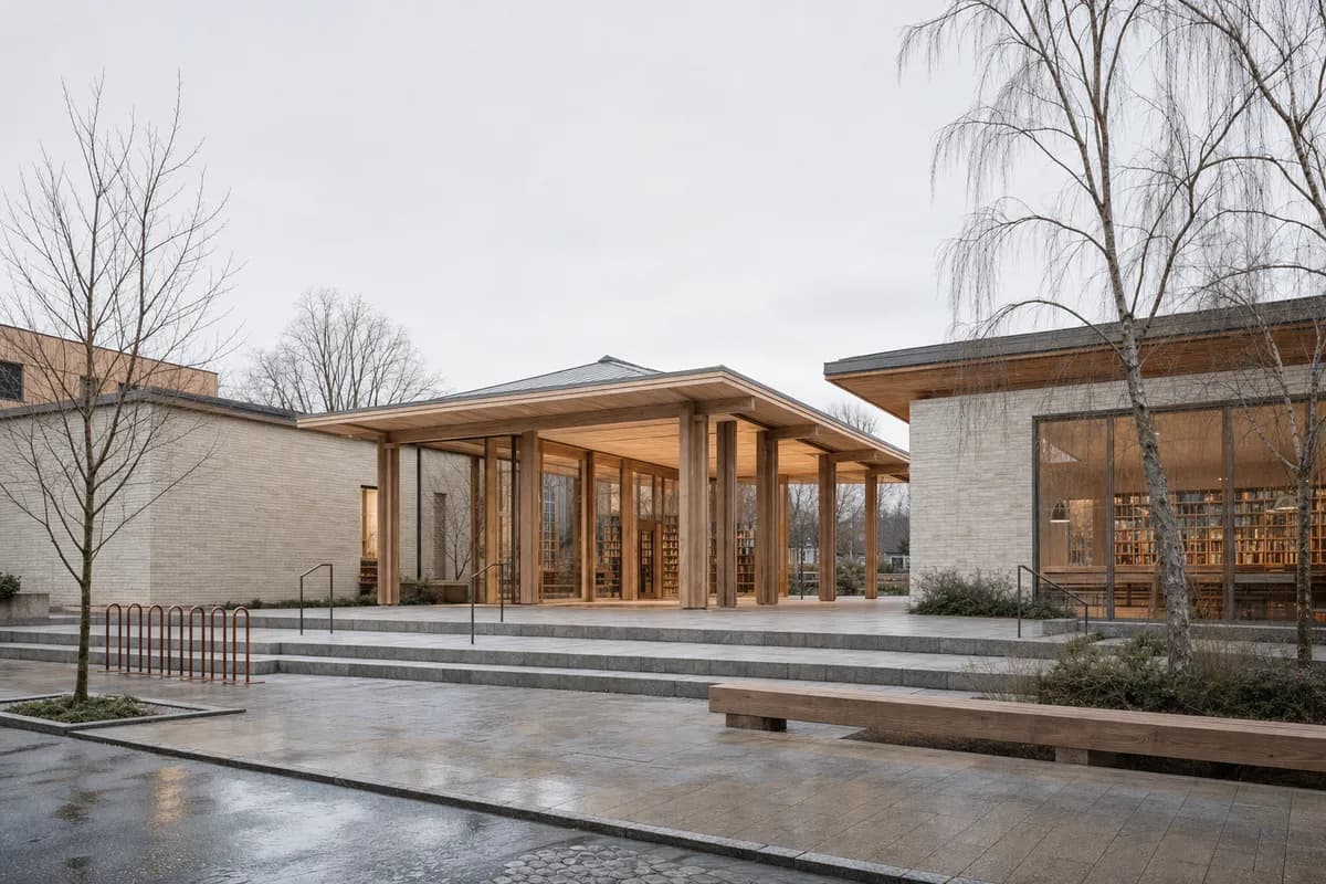 Empty Nordic library court before entourage is added