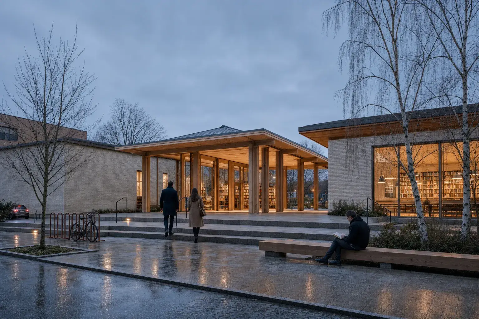 Nordic library court with restrained people, planting, bicycle, and car for scale