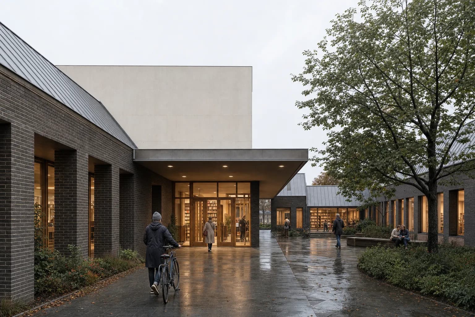 Rendered brick courtyard library under soft overcast light