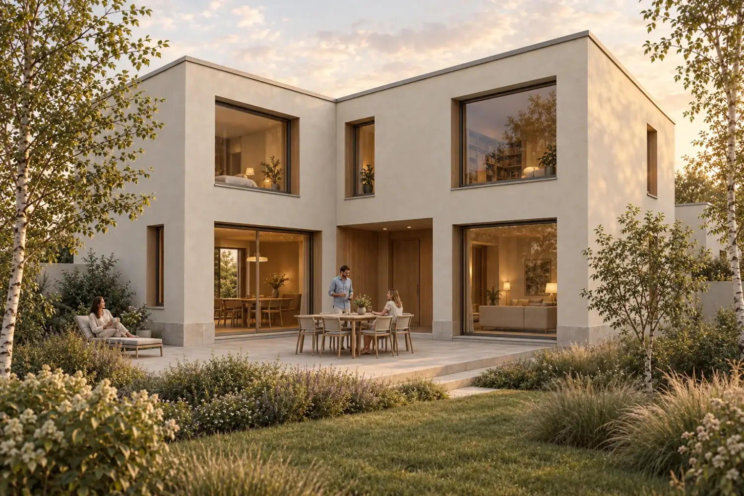 Finished residential render of a Nordic courtyard house in late-afternoon light