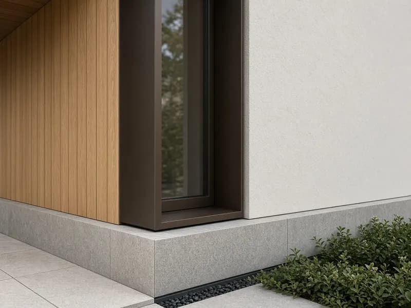 Residential facade junction between oak, render, window, and stone plinth