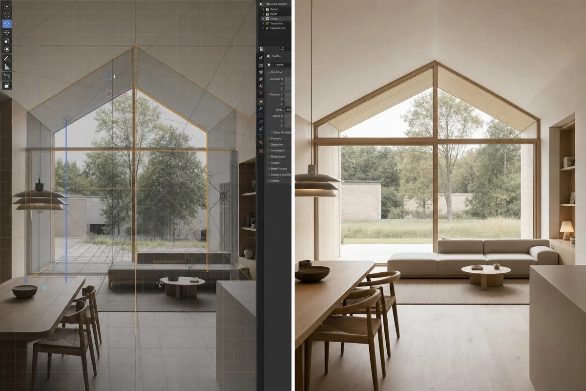 A cluttered viewport capture beside a clean viewport capture