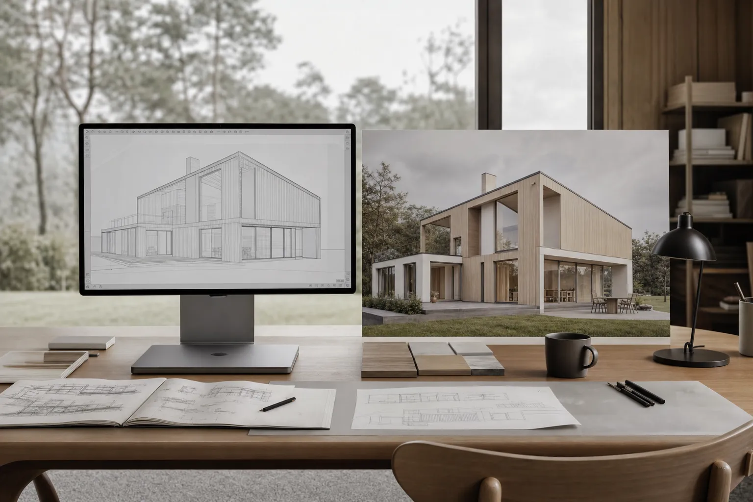 A clean CAD viewport screenshot beside a finished AI architectural render