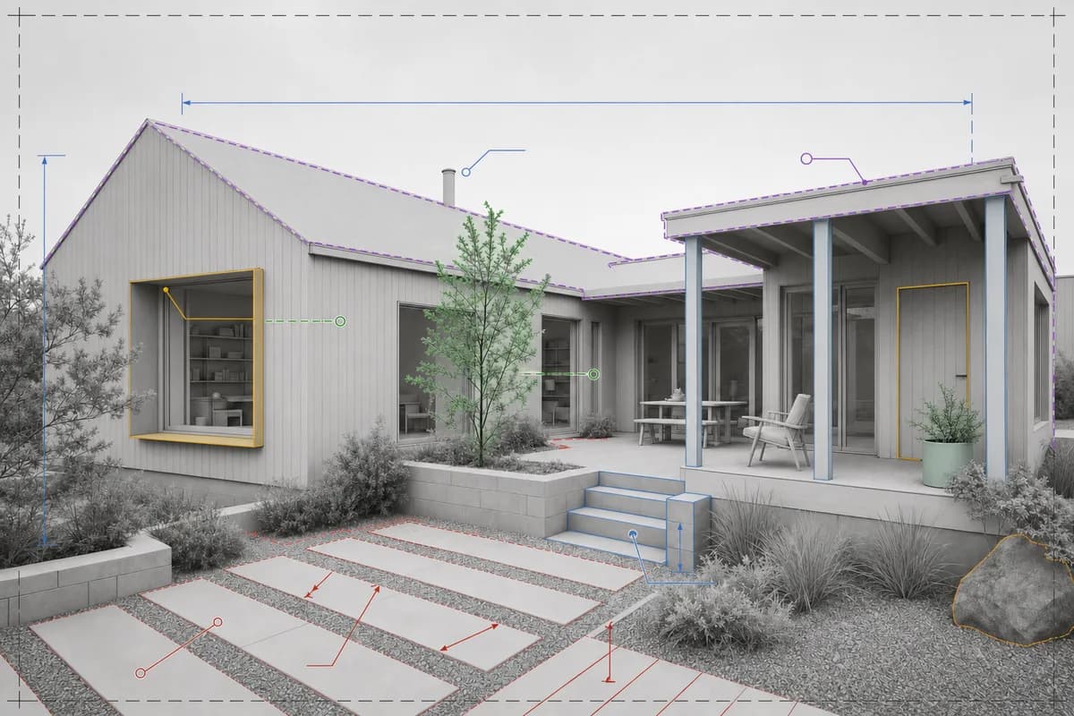 Synthetic Vectorworks-style viewport with annotations and class overrides left visible