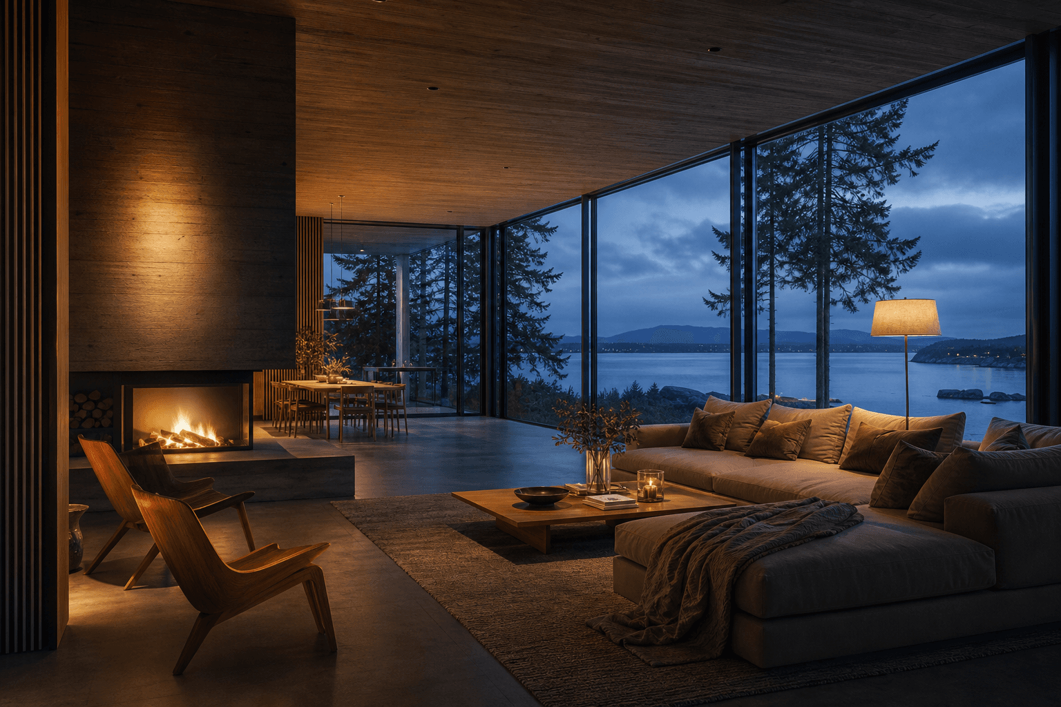 Warm modern architectural interior at dusk, rendered with Izometrix