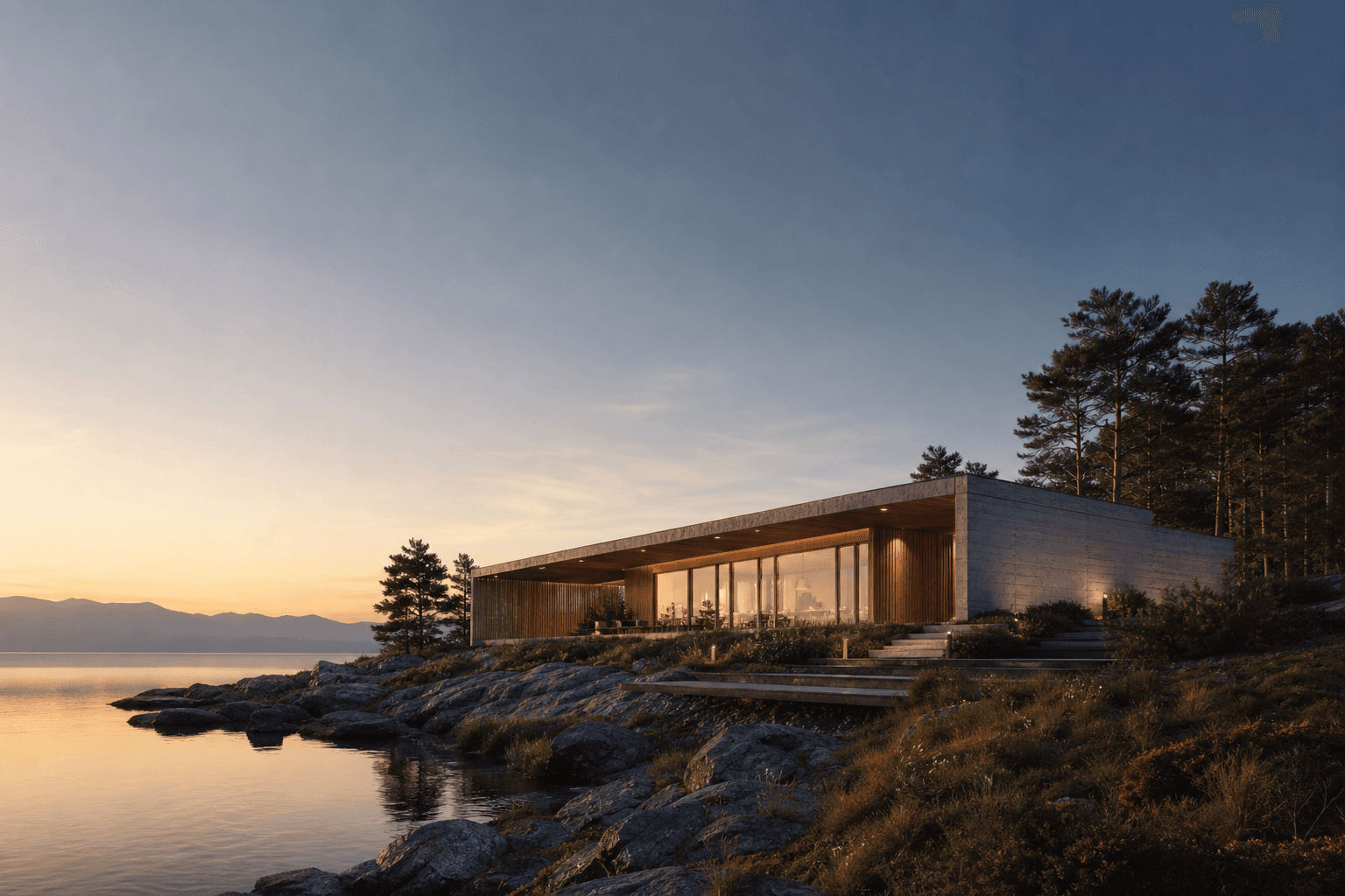 Photoreal architectural render of a glass-and-timber house above water at dusk