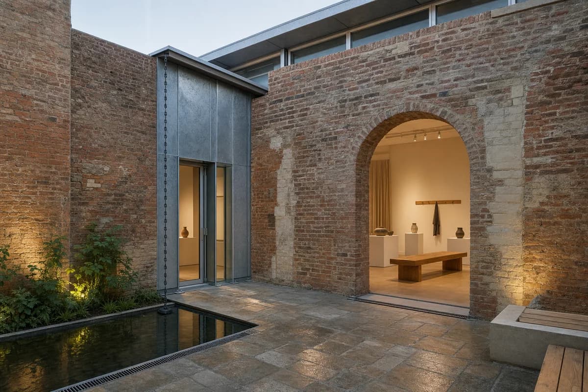 An unoccupied repaired brick gallery court with oak seating and a reflecting basin.