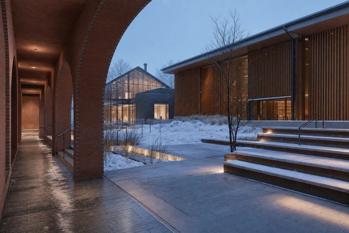 An unoccupied snowy arts center square beside a softly lit winter garden.